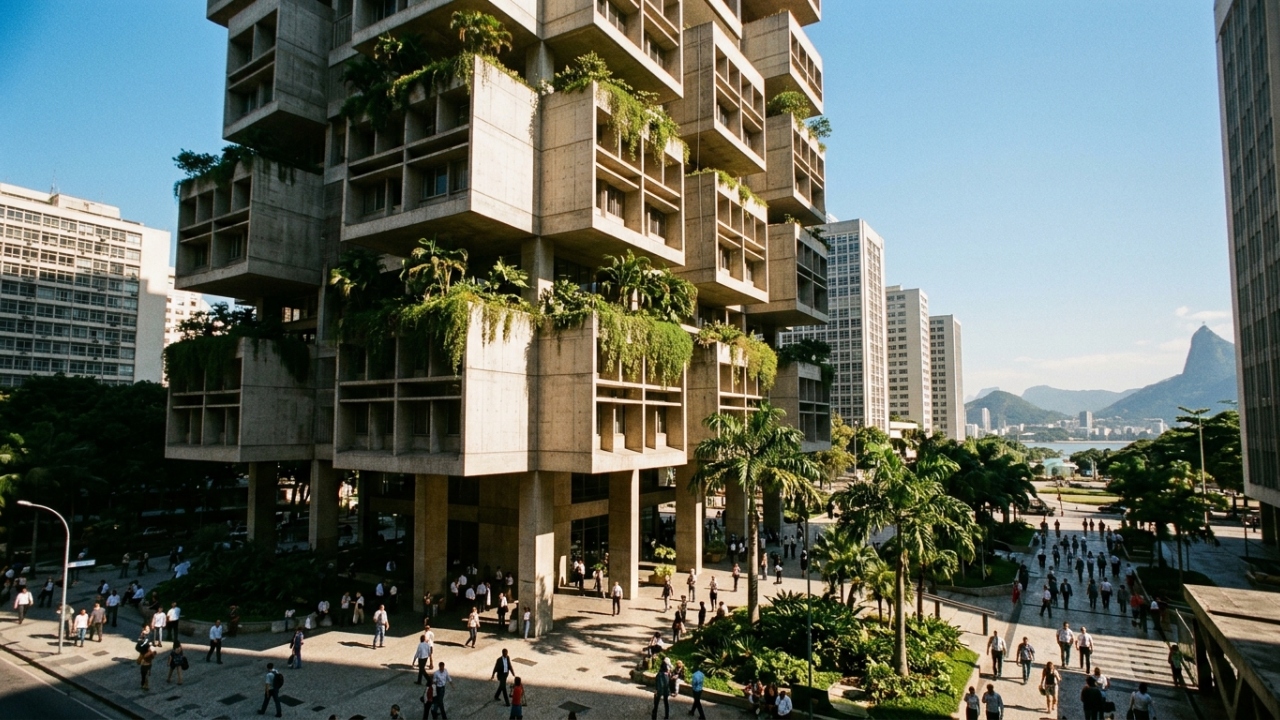 O edifício da Petrobras no Rio destaca-se no horizonte com seus vãos livres e jardins suspensos, sendo um marco do modernismo brasileiro