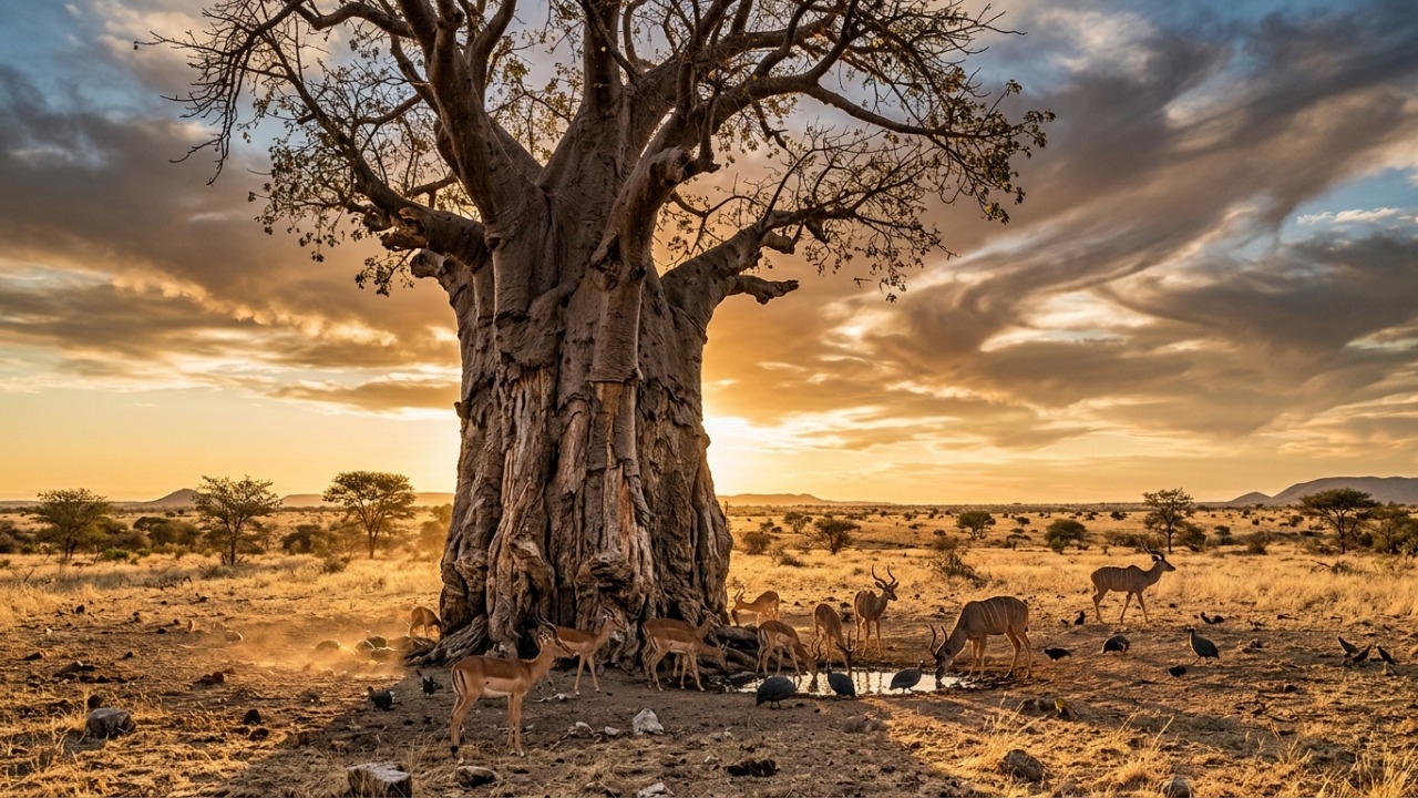 Como gigantescas caixas d'água vivas, os baobás armazenam 120 mil litros de água em seus troncos enormes para sobreviver à seca africana