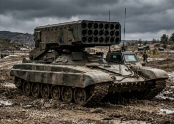O monstruoso blindado russo de 46 toneladas utiliza um chassi de tanque pesado modificado para transportar um sistema de lançamento de foguetes termobáricos que cria uma onda de calor e pressão tão extrema que consegue destruir abrigos subterrâneos fortificados e derreter equipamentos pesados em questão de frações de segundo