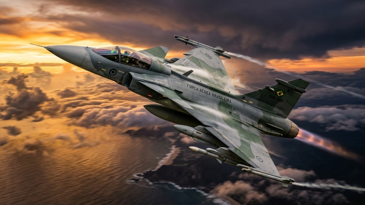 O caça sueco Gripen E atinge Mach 2 e possui radar AESA de ponta, sendo o novo padrão de guerra eletrônica para a força aérea brasileira