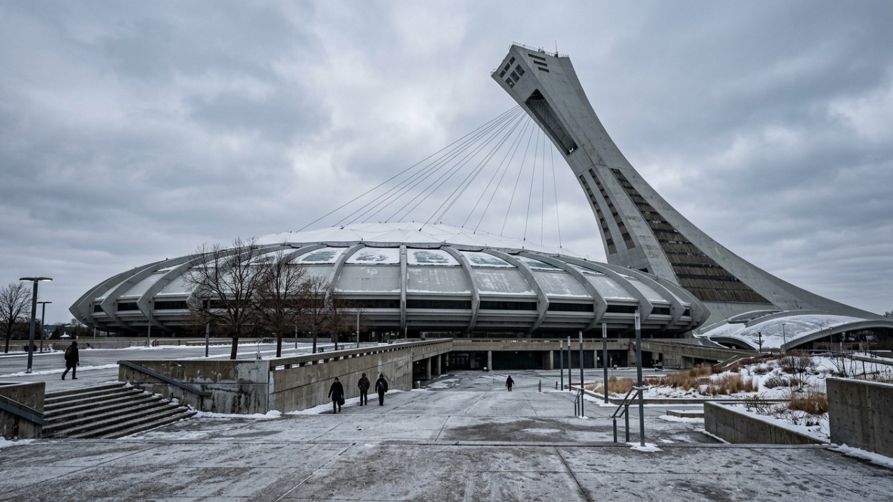 Projetada com 165 metros de altura na torre inclinada, a arena olímpica canadense é um marco audacioso de concreto no horizonte