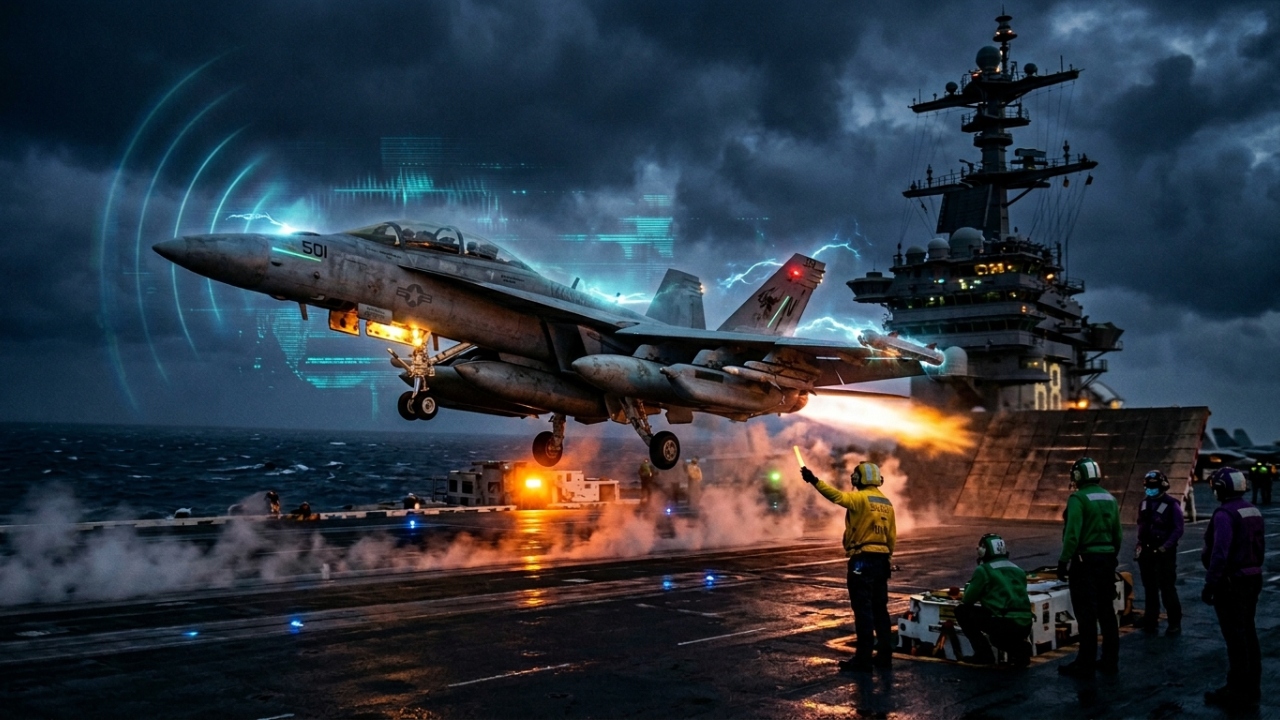 O caça EA-18G Growler usa sensores de banda larga para neutralizar radares inimigos e é a arma eletrônica mais temida da marinha dos EUA