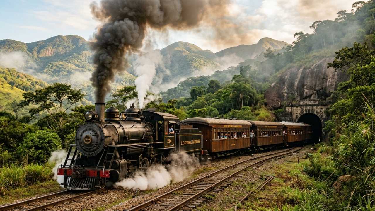O nostálgico trem a vapor de 1929 que percorre 10 quilômetros pela deslumbrante serra e atravessa um misterioso túnel histórico na fronteira exata entre 2 dos maiores estados do Brasil