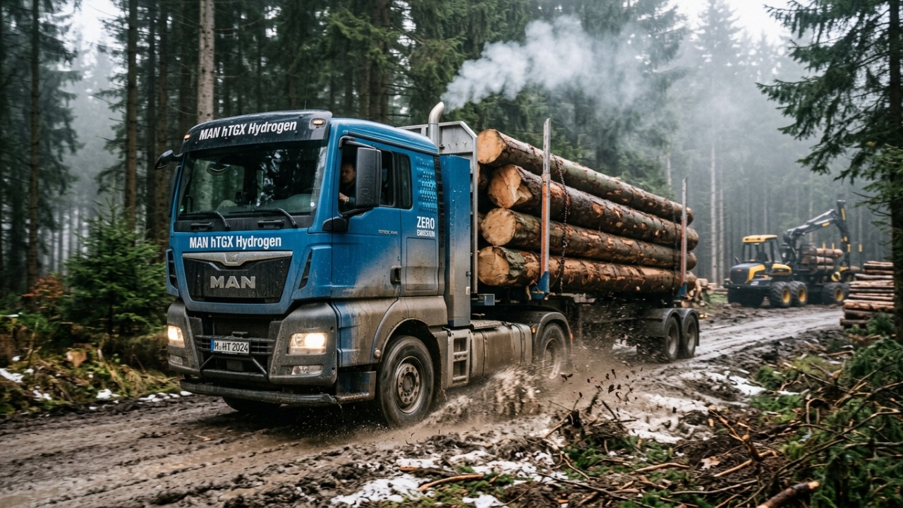 Com motor a combustão que queima hidrogênio o MAN hTGX gera 520 cavalos de potência e oferece alternativa barata para descarbonizar o transporte de madeira