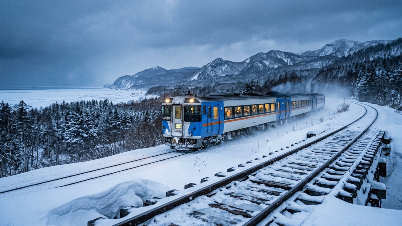 Um trem expresso atravessa o norte gelado do Japão em temperaturas abaixo de zero e ainda para em estações que dão acesso a prisões históricas e fontes termais