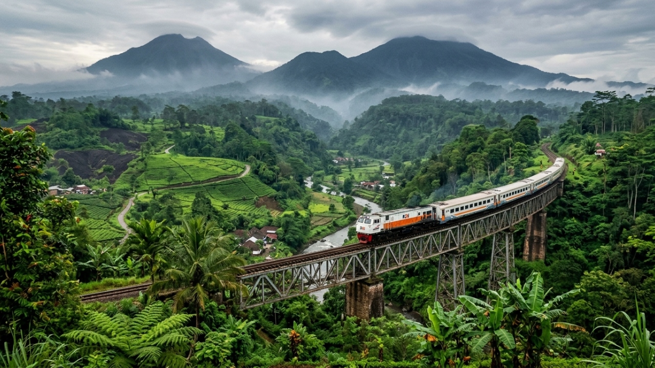 O trem indonésio que serpenteia entre vulcões ativos e viadutos históricos ligando Bandung a Jacarta pela rota mais dramática da Ásia