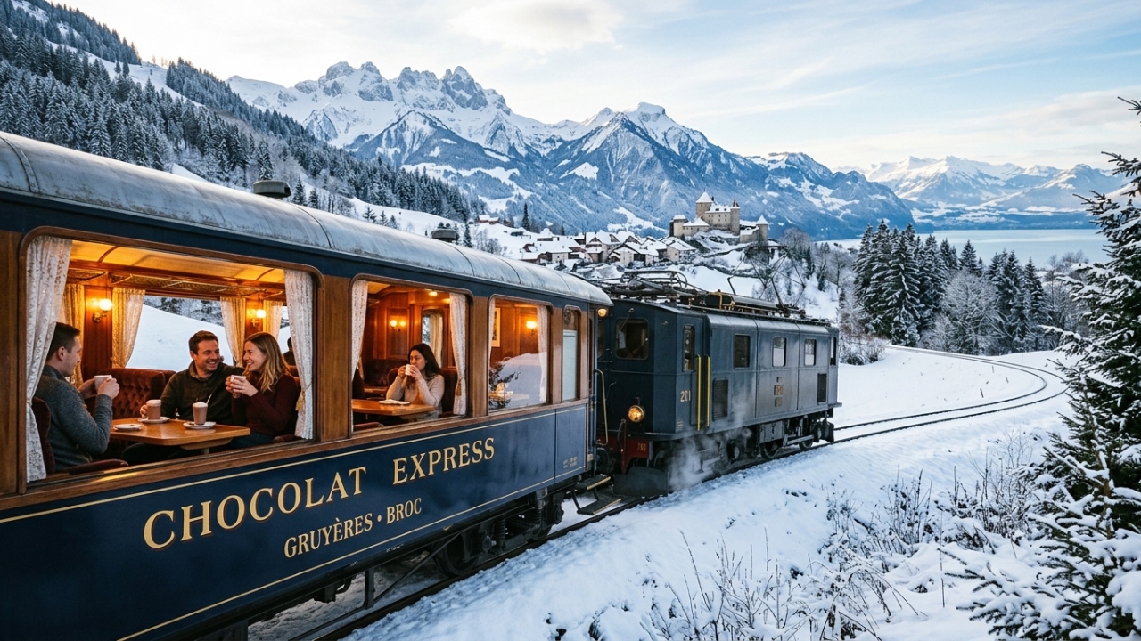 Com uma rota de 80 km pelos Alpes suíços, o Trem do Chocolate oferece uma experiência gastronômica clássica em vagões históricos e modernos