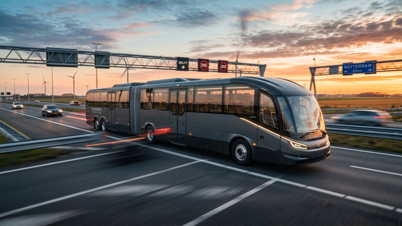 O exótico ônibus elétrico de luxo com portas asas de gaivota que atinge 250 km/h nas rodovias europeias