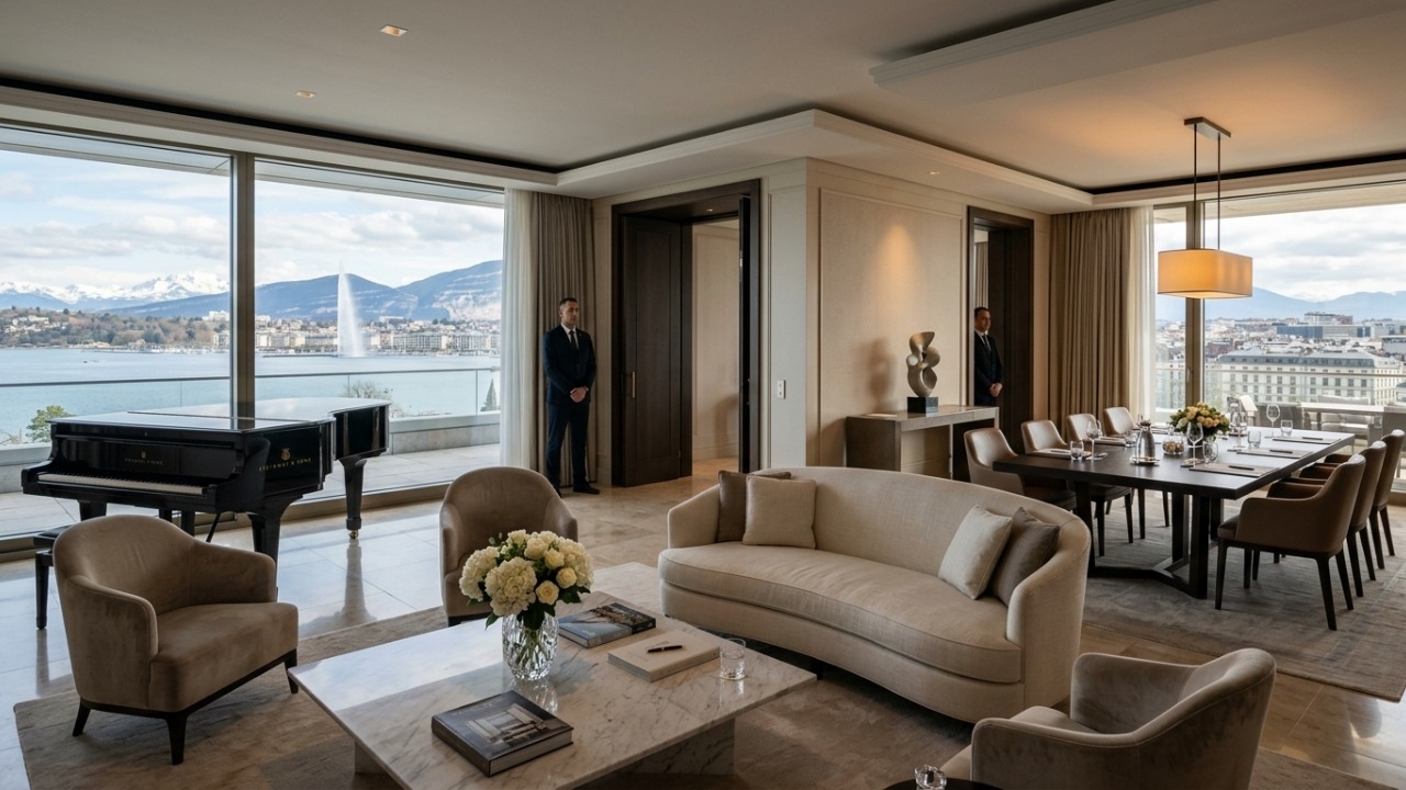 Desembolsando US$ 80 mil a diária na suíte Royal Penthouse, chefes de estado e celebridades desfrutam de vidros blindados e luxo extremo em Genebra