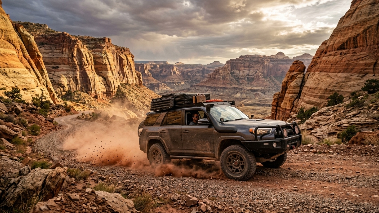 Com 75 km de cascalho e argila no Utah, a Cottonwood Canyon exige veículos de alta suspensão para cruzar seus cânions e contornar ladeiras íngremes