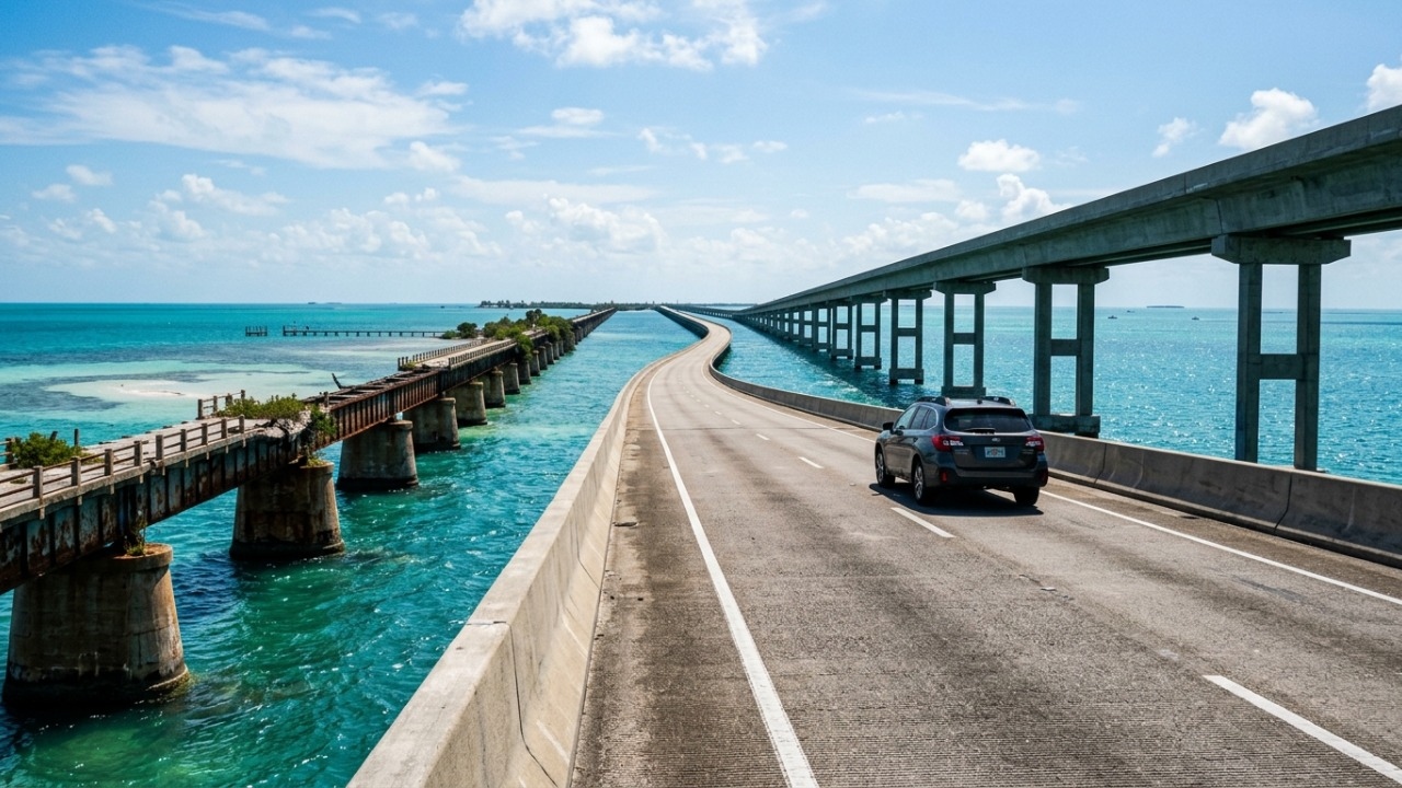 A interminável ponte de 10,9 km sobre as águas azuis da Flórida que é tão incrivelmente extensa que parece flutuar rumo ao infinito