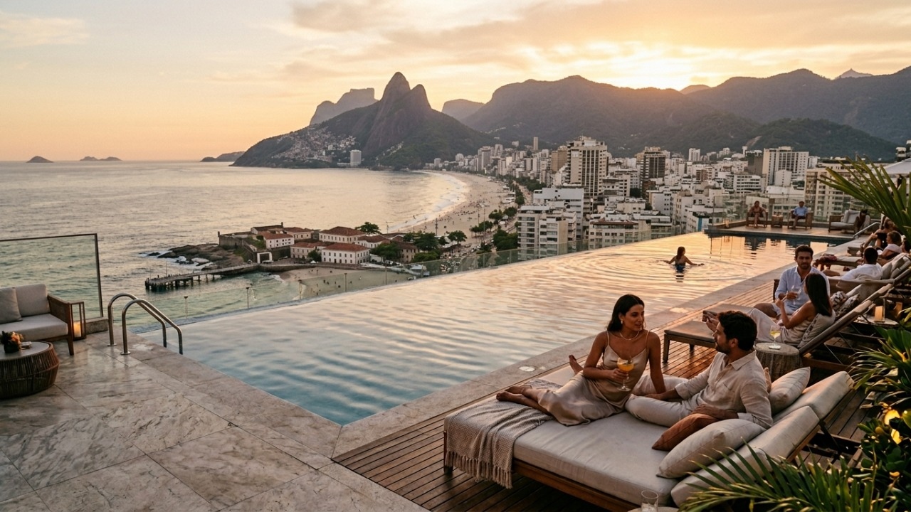 Pagando R$ 3 mil de diária com vista para o mar de Copacabana, os turistas aproveitam a piscina de borda infinita mais famosa do Rio de Janeiro