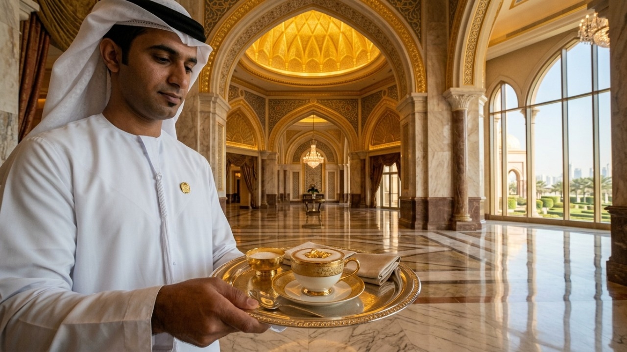 Pagando US$ 15 mil por noite na suíte imperial revestida de ouro, os visitantes experimentam a realeza árabe com mordomo particular em Abu Dhabi