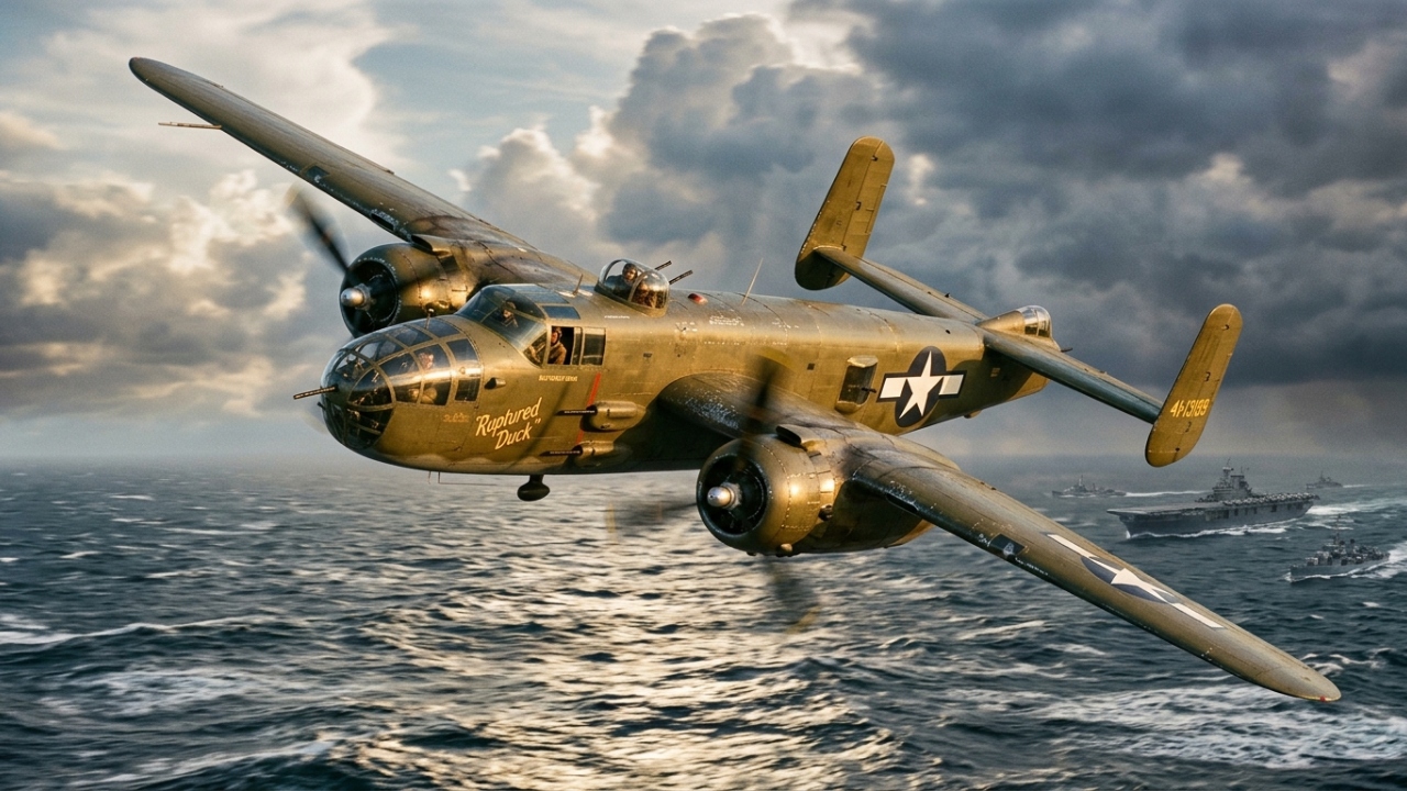 Com 18 metros de envergadura e motor duplo, o B-25 Mitchell da Segunda Guerra foi o bombardeiro mais versátil a decolar de porta-aviões