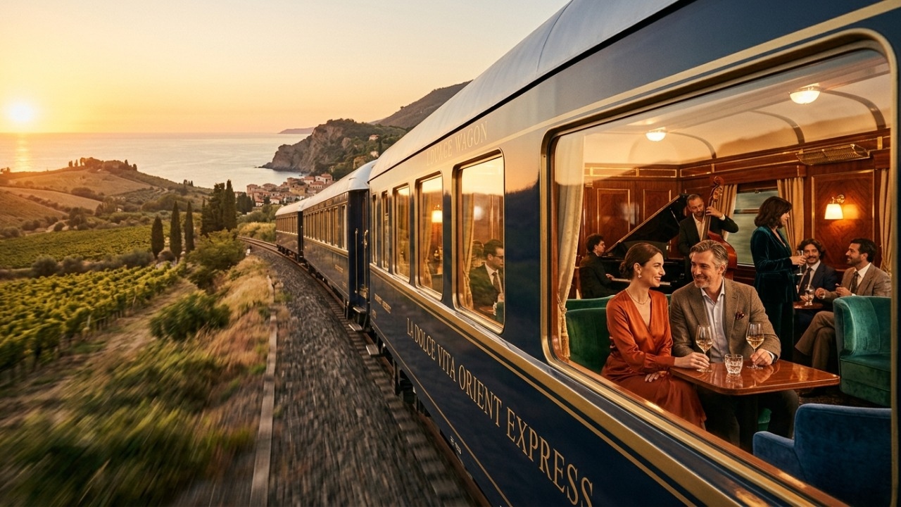 O moderno trem italiano com 12 cabines de design inspirado nos anos 70 que cruza as regiões históricas e rotas cênicas da Itália