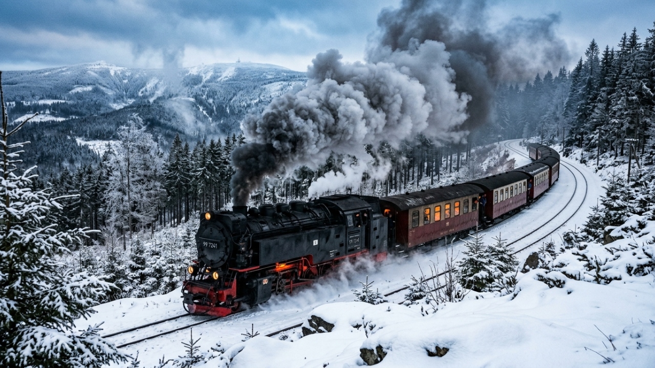 A ferrovia alemã de 140 km opera locomotivas a vapor de 1899, cruzando montanhas em um trajeto de engenharia histórica
