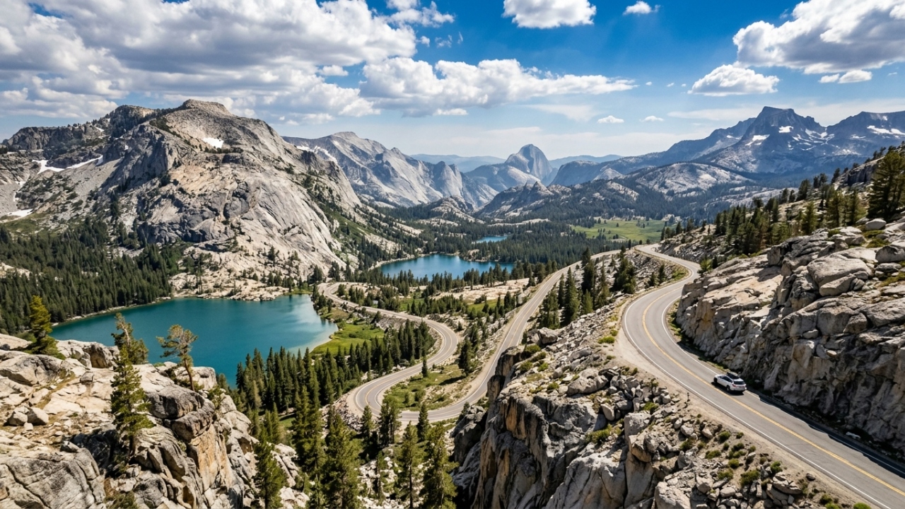 A estrada Tioga Pass cruza Yosemite a 3.031 metros; com curvas alpinas e lagos glaciais, é a rota mais alta da Califórnia nos EUA