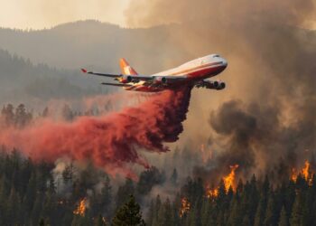 Boeing 747 despeja retardante vermelho sobre floresta em chamas