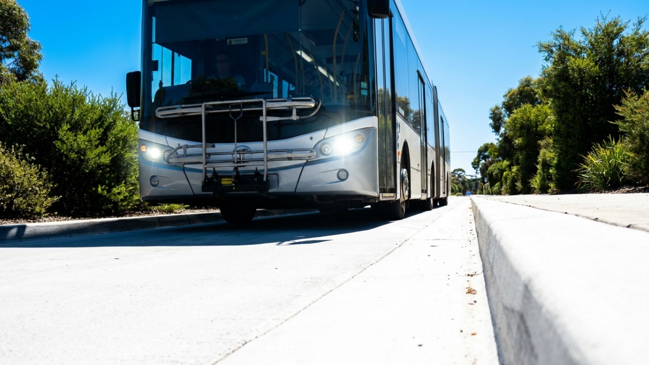O bizarro sistema de transporte na Austrália onde ônibus comuns entram em trilhos de concreto e viajam a 100 km/h sem volante