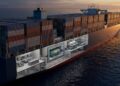 Navio porta-contêineres com microrreator nuclear em corte técnico