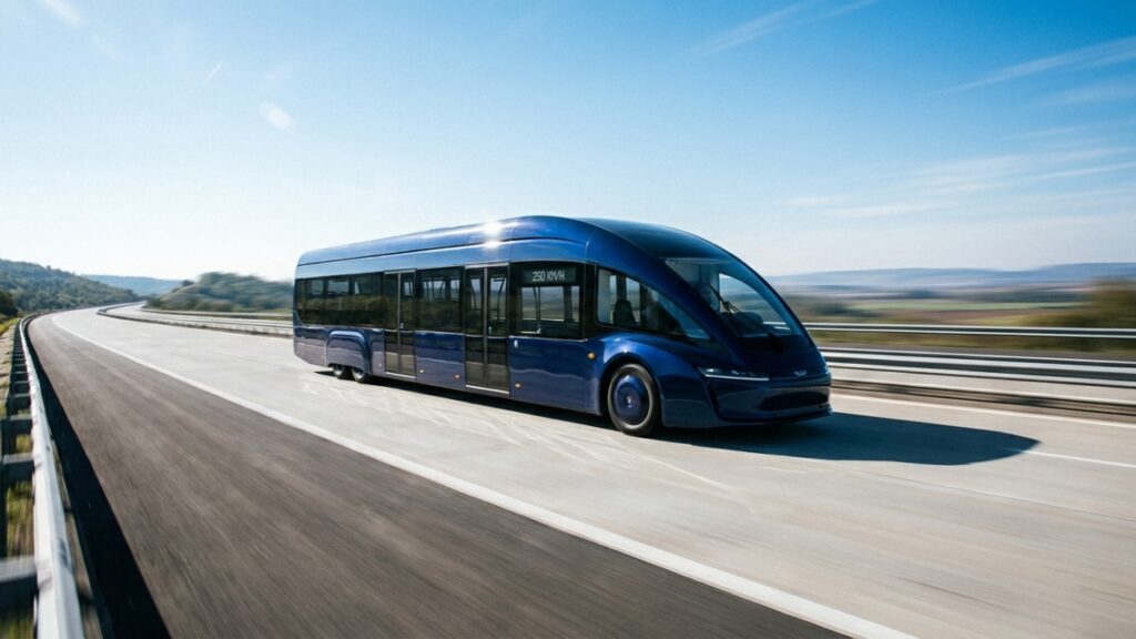 O exótico ônibus elétrico de luxo com portas asas de gaivota que atinge 250 km/h nas rodovias europeias