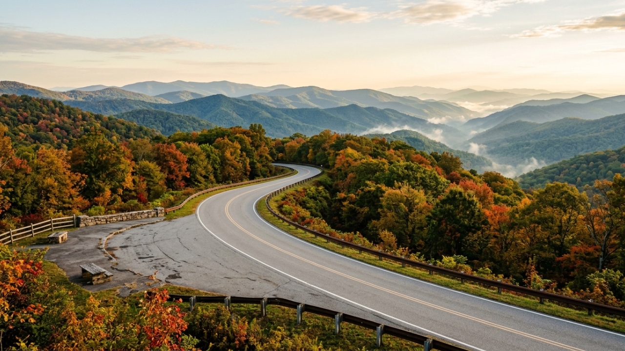 Elevando-se a 1.645 metros pelas montanhas, a rodovia de 68 km surge como uma obra-prima de engenharia cênica entre o Tennessee e a Carolina do Norte
