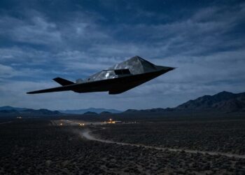 F-117 Nighthawk cruza o deserto à noite em voo furtivo