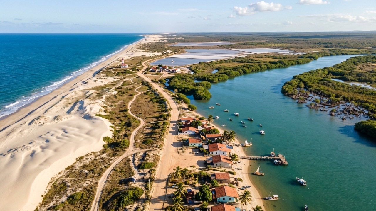 Carros não entram, charretes circulam e montanhas de sal parecem neve: a vila de pescadores presa numa língua de areia no Rio Grande do Norte