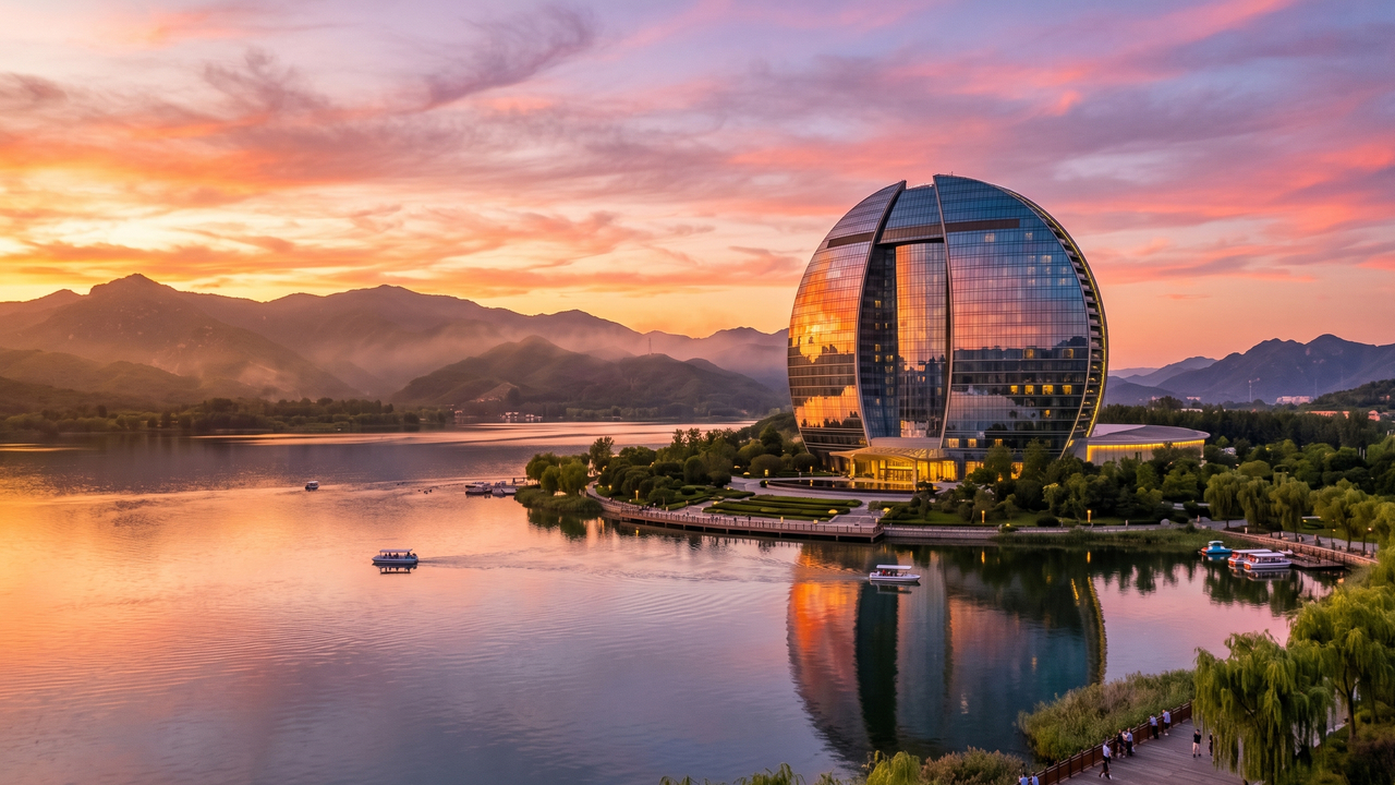 Com suítes que superam US$ 5 mil por noite, a estrutura circular de 97 metros de altura redefine o luxo às margens do lago Yanqi na China