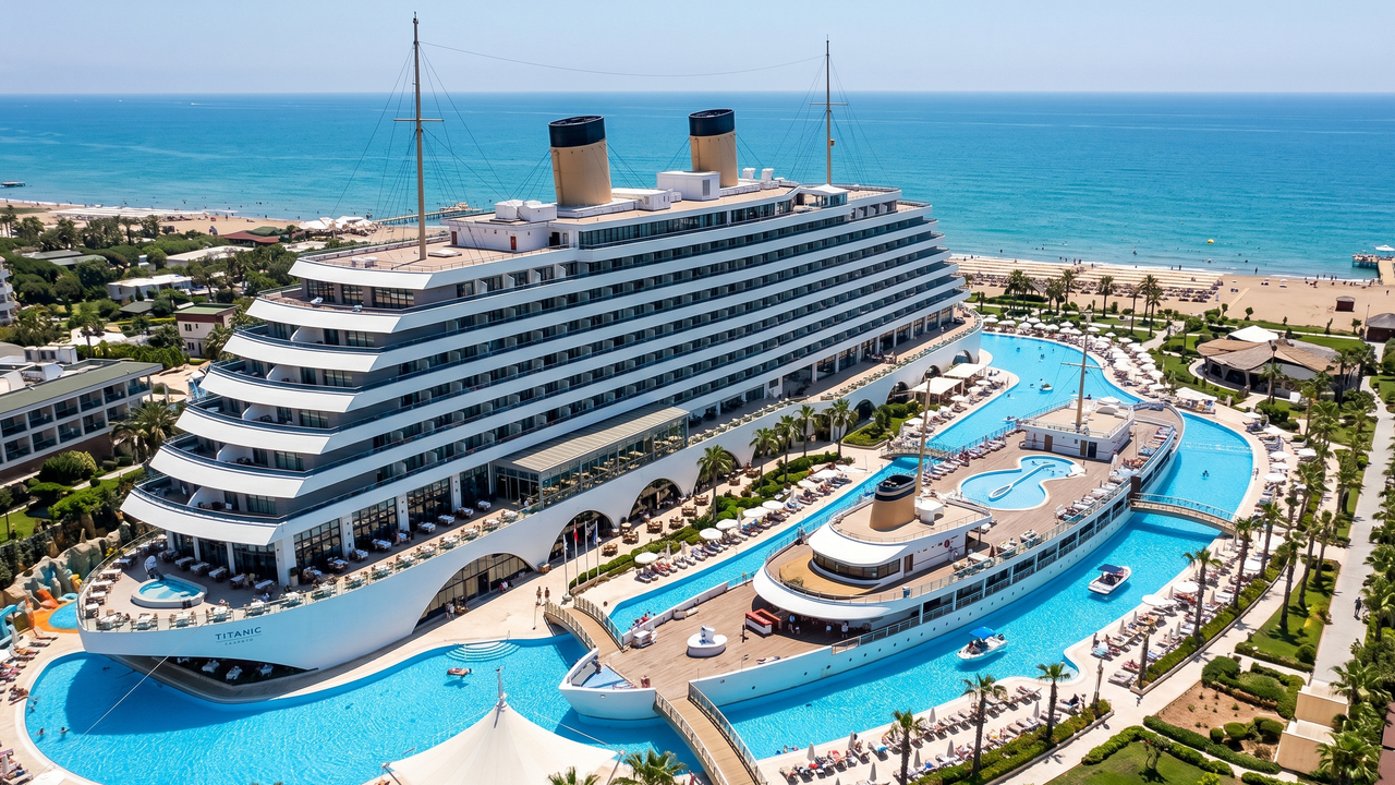 Com 586 quartos e uma arquitetura que replica o lendário navio, o resort na Turquia virou o destino mais icônico e temático de toda a Riviera Turca