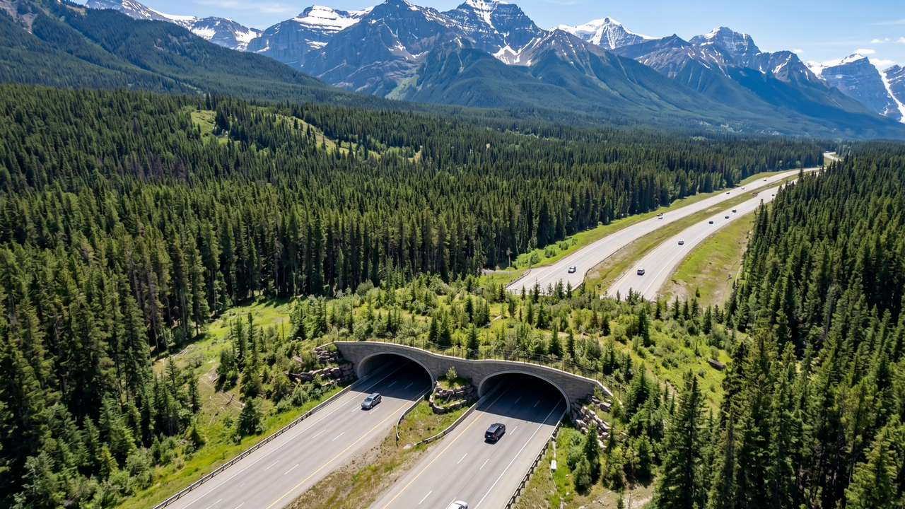 Arcos de aço, solo nativo e vegetação densa formam a ponte florestada canadense focada em guiar ursos e zerar acidentes de trânsito