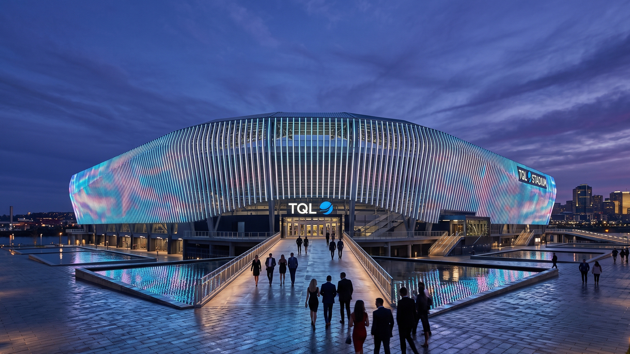 A futurista arena esportiva concluída em 2021 com fachada de 513 aletas de alumínio iluminadas por LED para destacar o design do futebol em Cincinnati