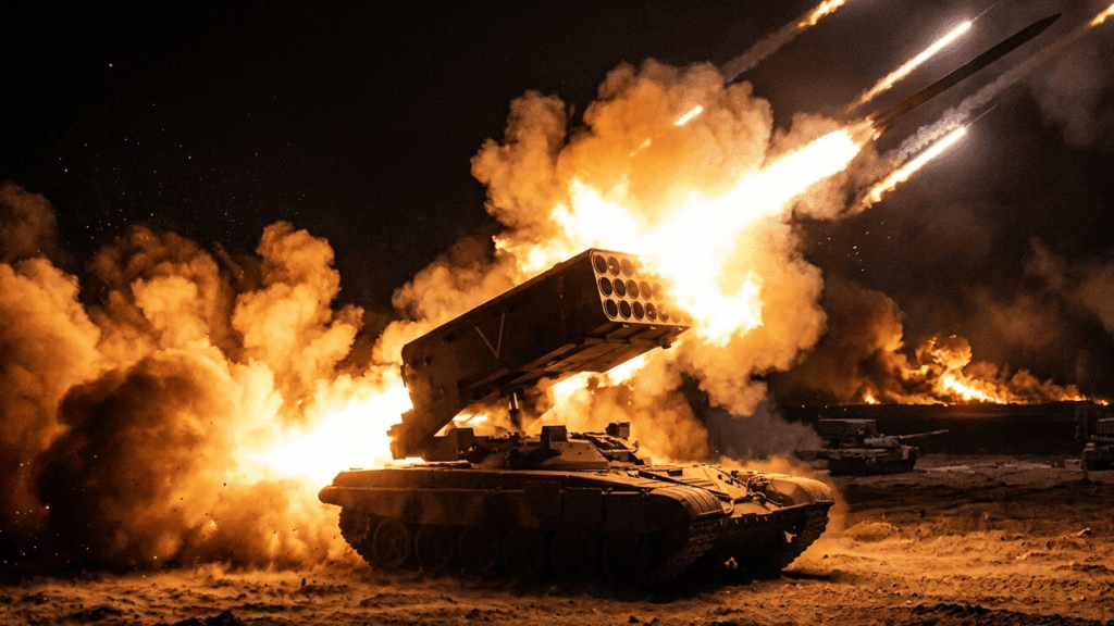 O monstruoso blindado russo de 46 toneladas utiliza um chassi de tanque pesado modificado para transportar um sistema de lançamento de foguetes termobáricos que cria uma onda de calor e pressão tão extrema que consegue destruir abrigos subterrâneos fortificados e derreter equipamentos pesados em questão de frações de segundo