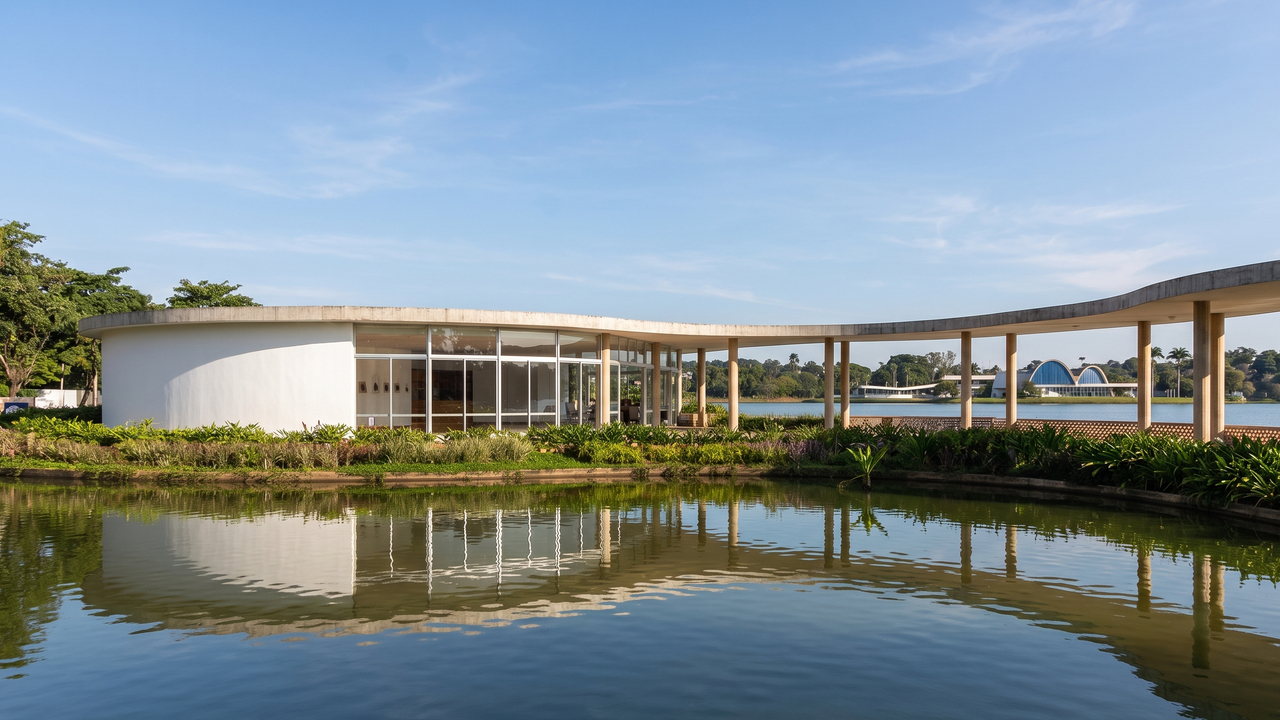 A charmosa joia moderna de 1943 projetada por Oscar Niemeyer que abraça a Lagoa da Pampulha com suas curvas e marquises sinuosas de concreto