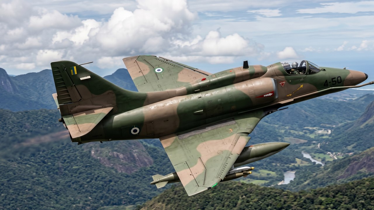 Pesando apenas 4.750 kg vazio, o caça Skyhawk de 1954 tornou-se um ícone de agilidade e ataque embarcado da Marinha americana