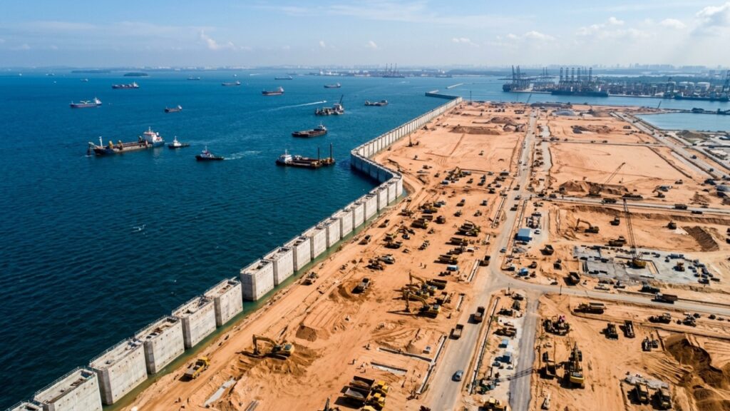 Singapura ergue muralha submarina com 227 blocos gigantes de concreto para construir o maior megaporto do mundo