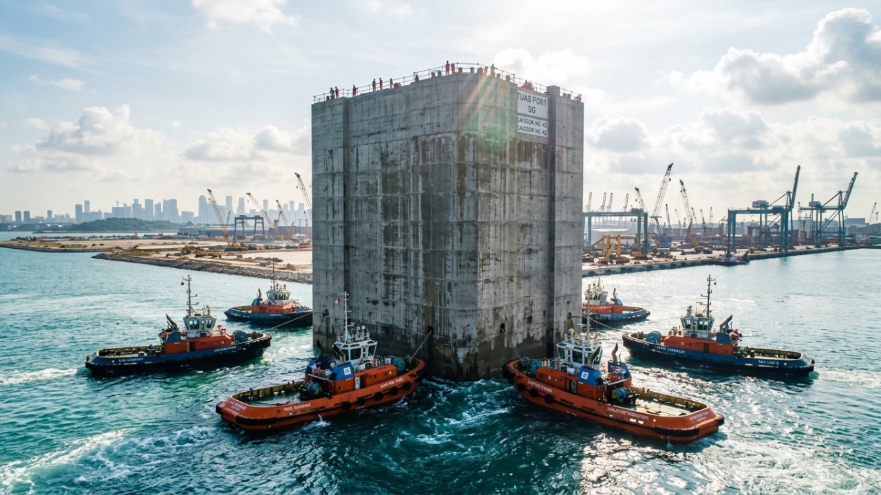 Singapura ergue muralha submarina com 227 blocos gigantes de concreto para construir o maior megaporto do mundo