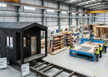 Microcasa sustentável industrializada com técnica Shou Sugi Ban e painéis sanduíche