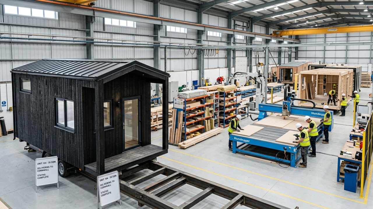 Microcasa sustentável industrializada com técnica Shou Sugi Ban e painéis sanduíche
