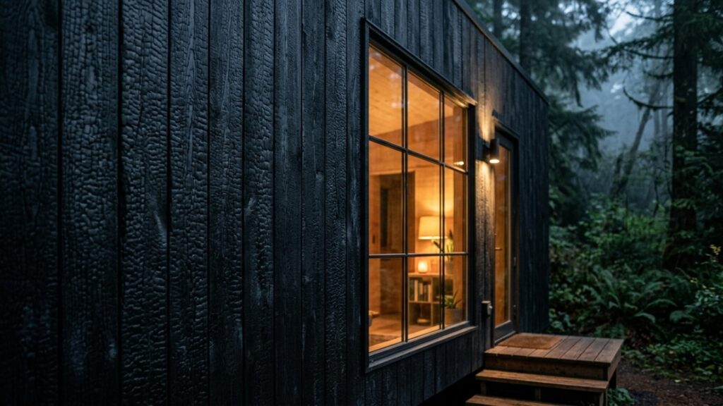 Microcasa sustentável industrializada com técnica Shou Sugi Ban e painéis sanduíche