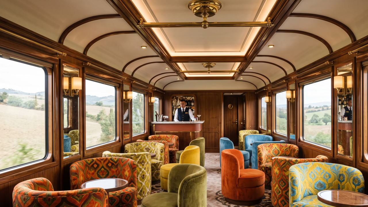 O moderno trem italiano com 12 cabines de design inspirado nos anos 70 que cruza as regiões históricas e rotas cênicas da Itália