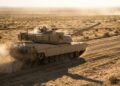 Tanque M1 Abrams acelera em pista seca de testes