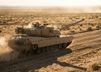 Tanque M1 Abrams acelera em pista seca de testes
