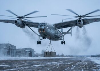 Mil V-12 gigante levantando carga pesada em pista soviética perto de Moscou