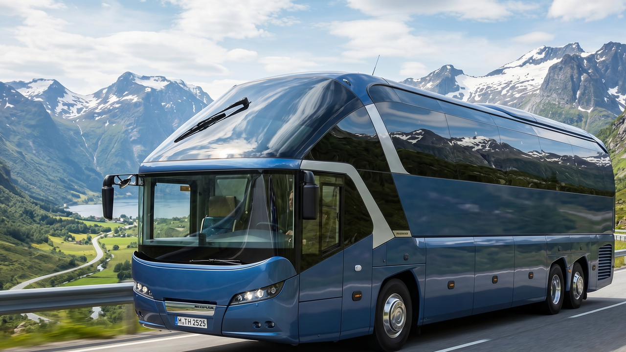 O aerodinâmico ônibus de 13 metros com teto panorâmico de vidro que redefiniu o transporte de passageiros em rotas turísticas pela Europa
