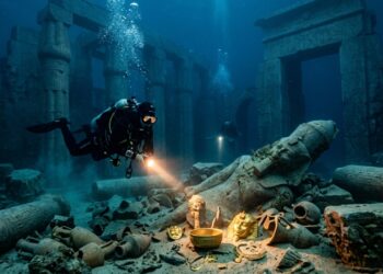 Arqueólogos mergulham em cidade egípcia submersa há 1.200 anos e encontram tesouros intactos de templos que desapareceram sob o mar Mediterrâneo