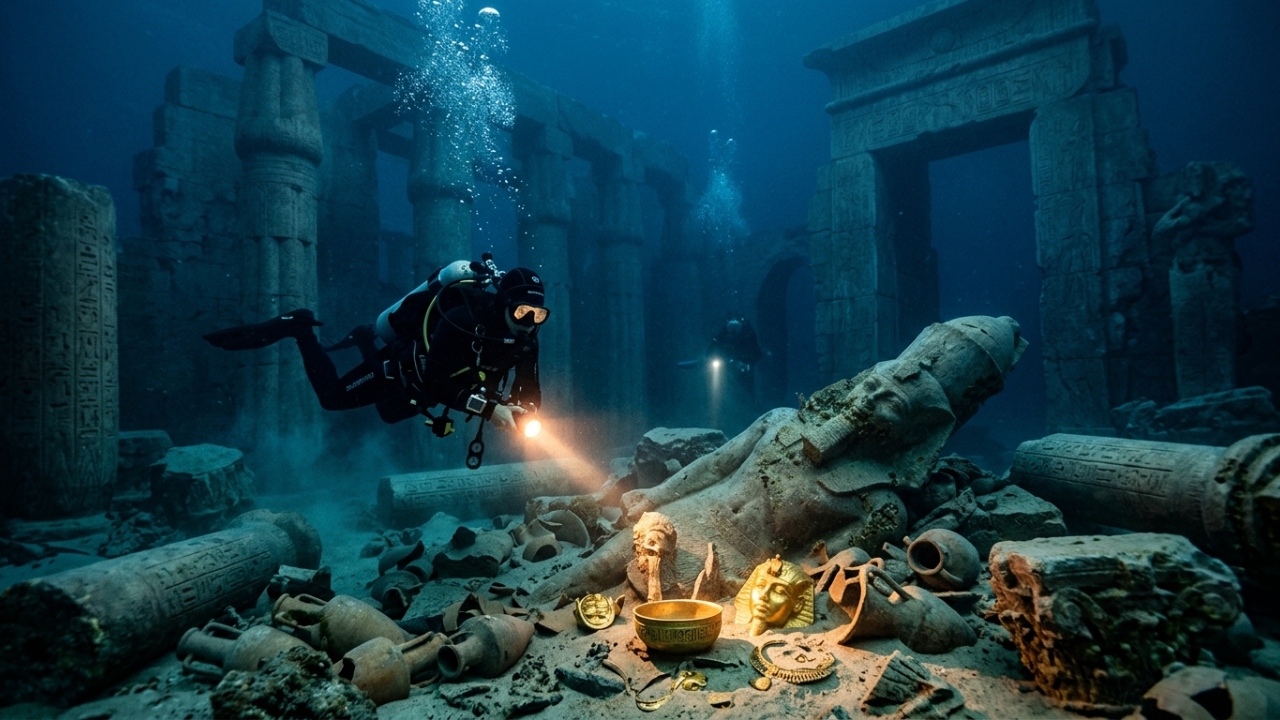 Arqueólogos mergulham em cidade egípcia submersa há 1.200 anos e encontram tesouros intactos de templos que desapareceram sob o mar Mediterrâneo