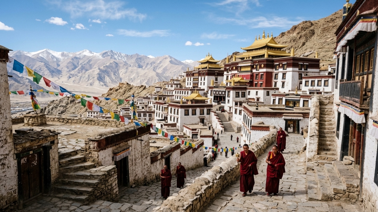 A construção de 1447 abriga centenas de monges; suas paredes alvas e telhados dourados guardam a história viva do budismo tibetano há quase seis séculos