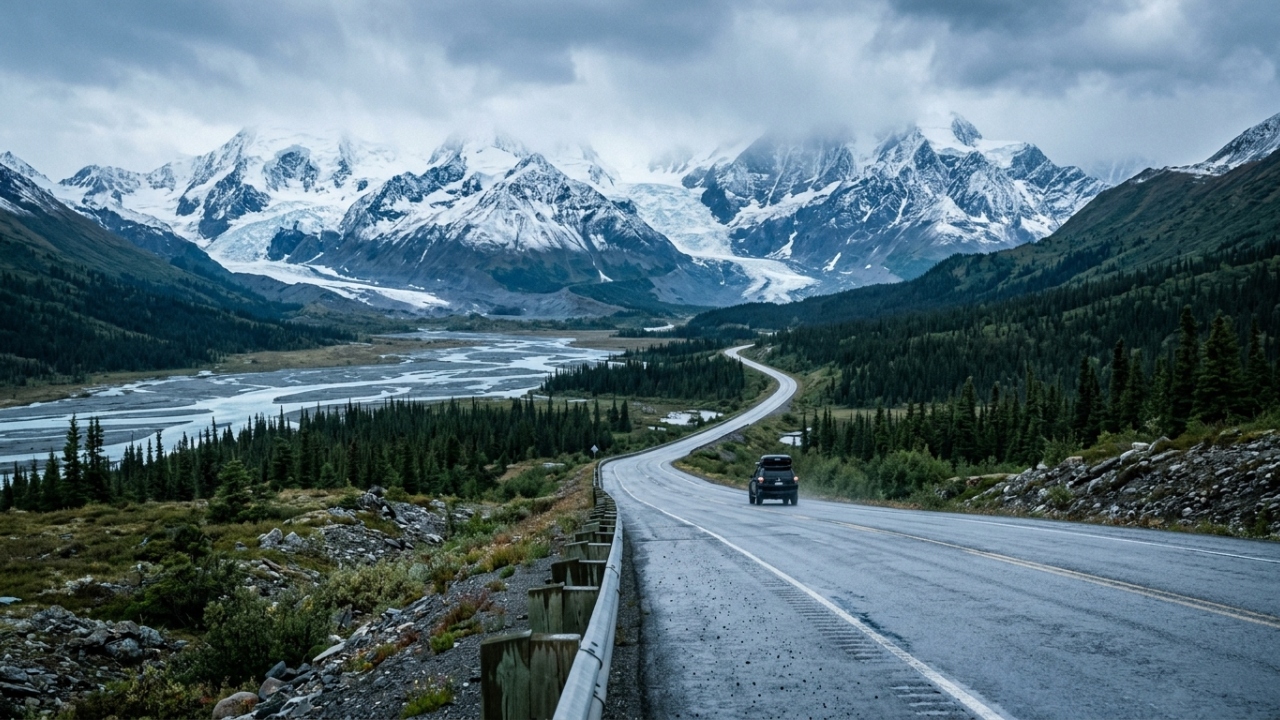 A rodovia de 244 km conecta o interior do Alasca à costa canadense; seu traçado histórico atravessa vales glaciais e picos cobertos de neve
