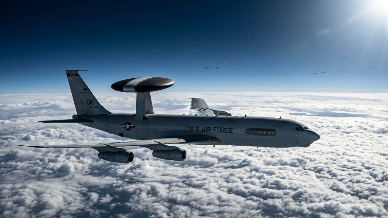 Com um radar giratório de 9 metros, a aeronave AWACS da Boeing surge como a referência de vigilância que monitora 300 mil km² em tempo real